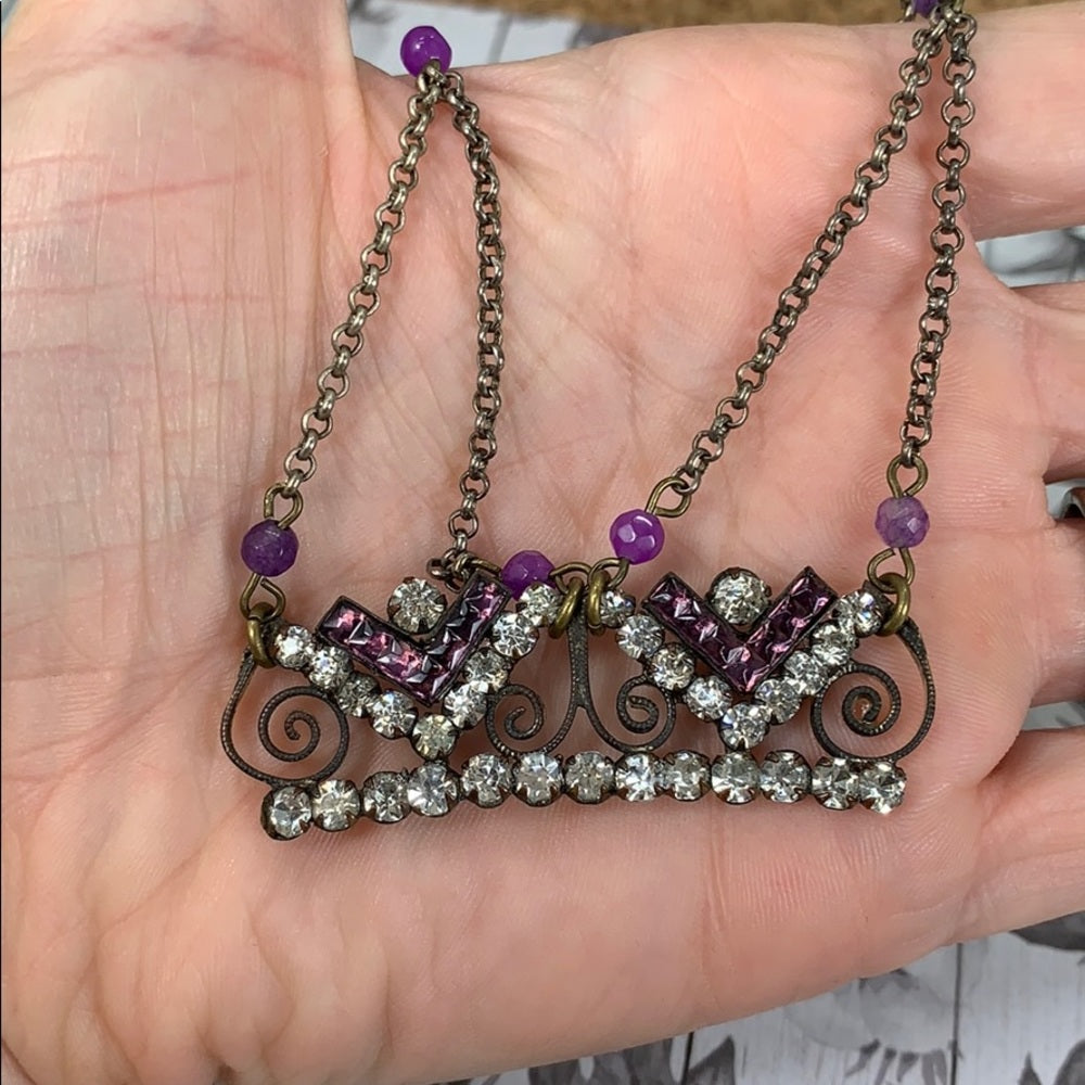 Adorned Crown artisan assemblage amethyst rhinestone Art Deco necklace
