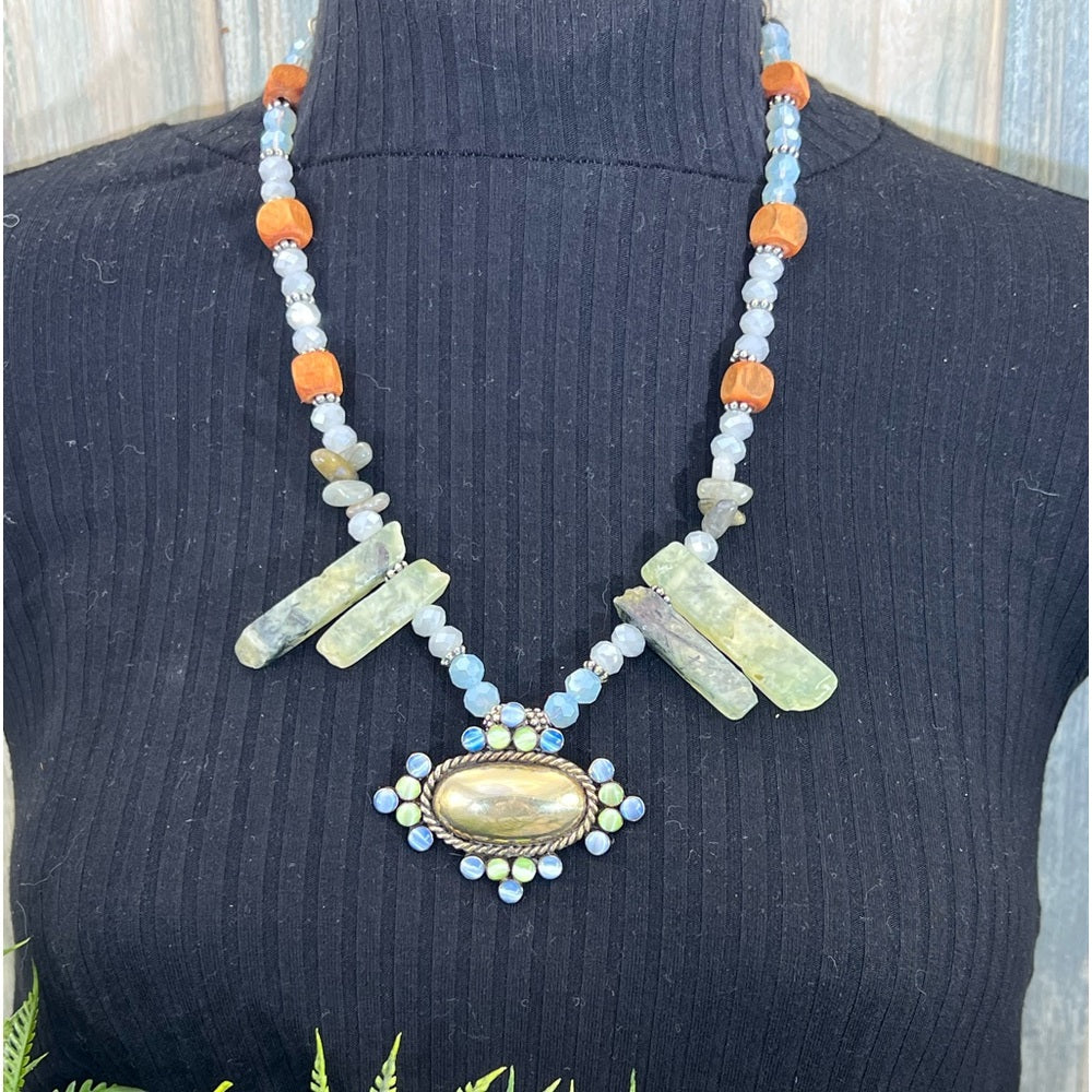 Adorned Crown Artisan Assemblage silver pendant blue green quartz necklace
