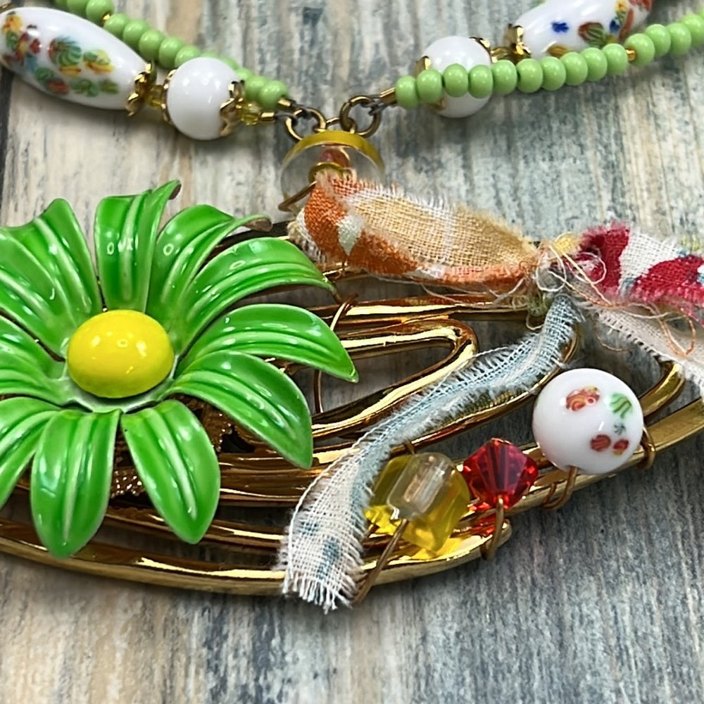 Adorned Crown Jewelry Artisan Assemblage atomic green enamel flower necklace