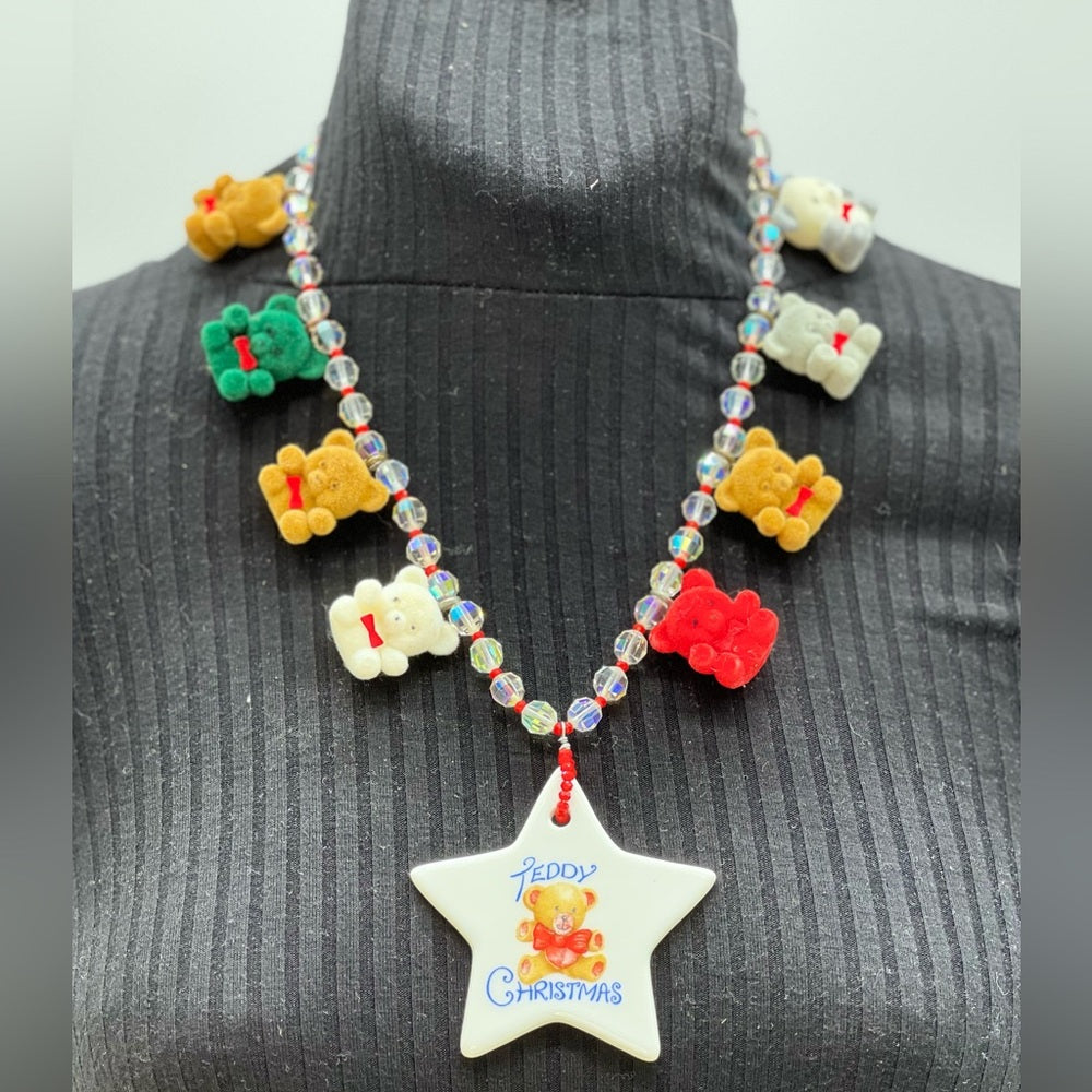 Adorned Crown Jewelry Christmas teddy bear Assemblage statement necklace
