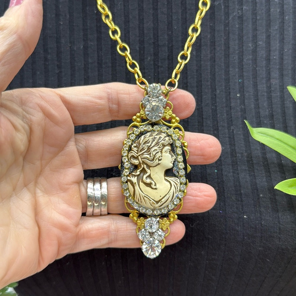 Adorned Crown Jewelry filigree resin cameo rhinestone pendant necklace