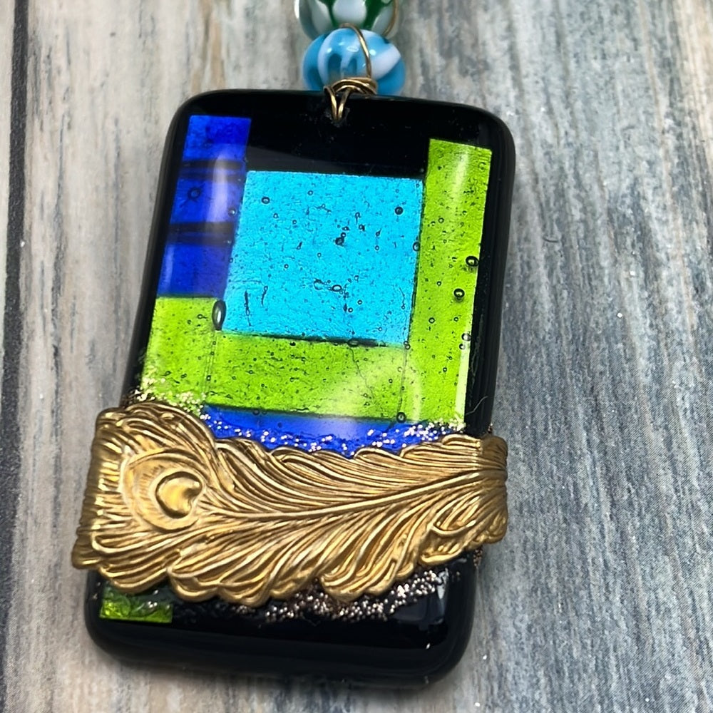 Adorned Crown Artisan Assemblage dichroic glass pendant feather necklace