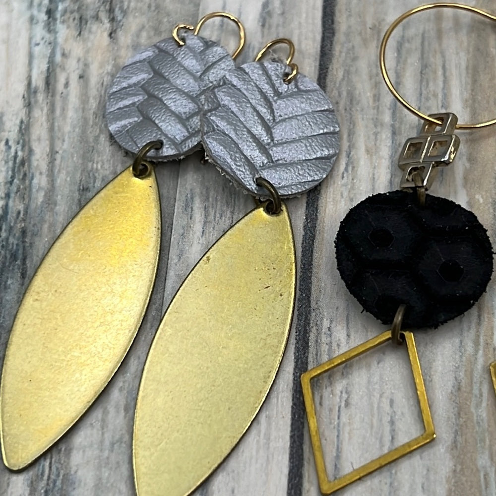 2 pair Adorned Crown Artisan Assemblage leather gray gold charm earrings
