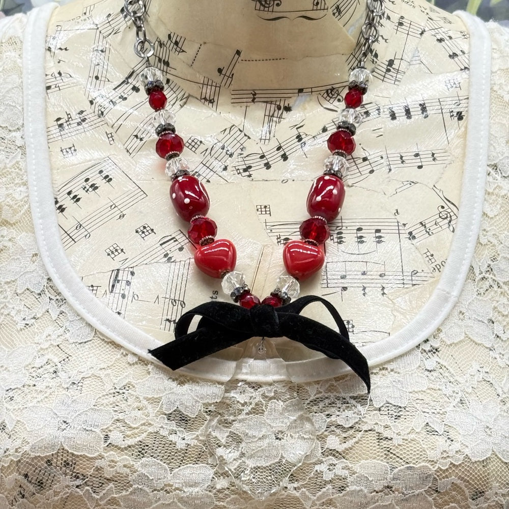 Adorned Crown Jewelry assemblage red heart bead crystal drop ribbon necklace