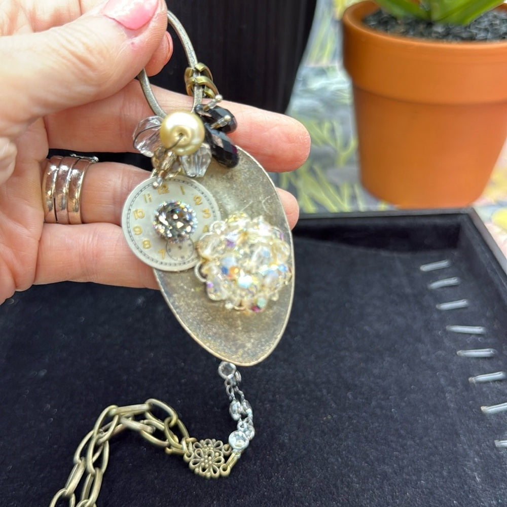 Adorned Crown Jewelry assemblage spoon watch face crystal cluster necklace