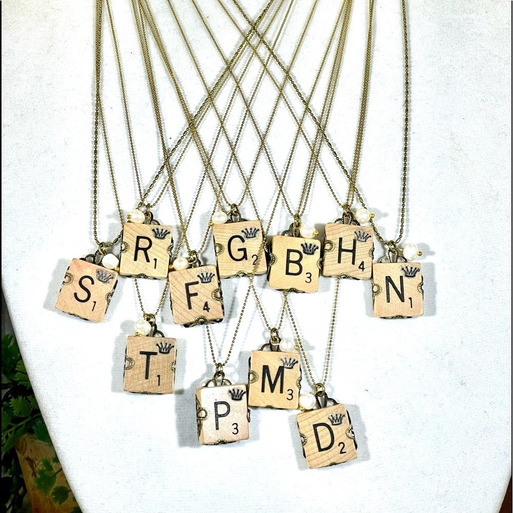 Adorned Crown scrabble tile initial Pearl necklace