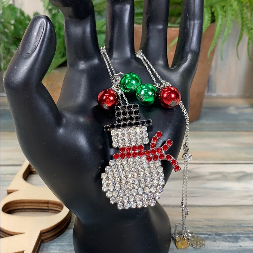 Adorned Crown artisan assemblage let it snow man rhinestone necklace