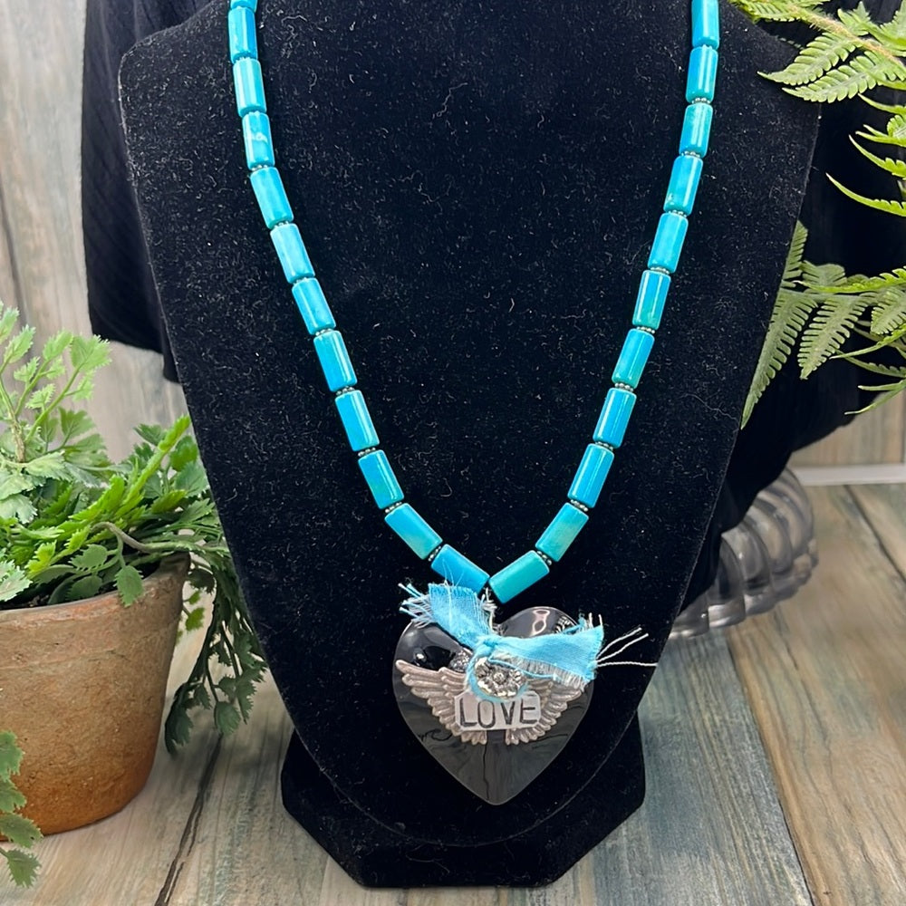 Adorned Crown Artisan Assemblage black heart turquoise love necklace