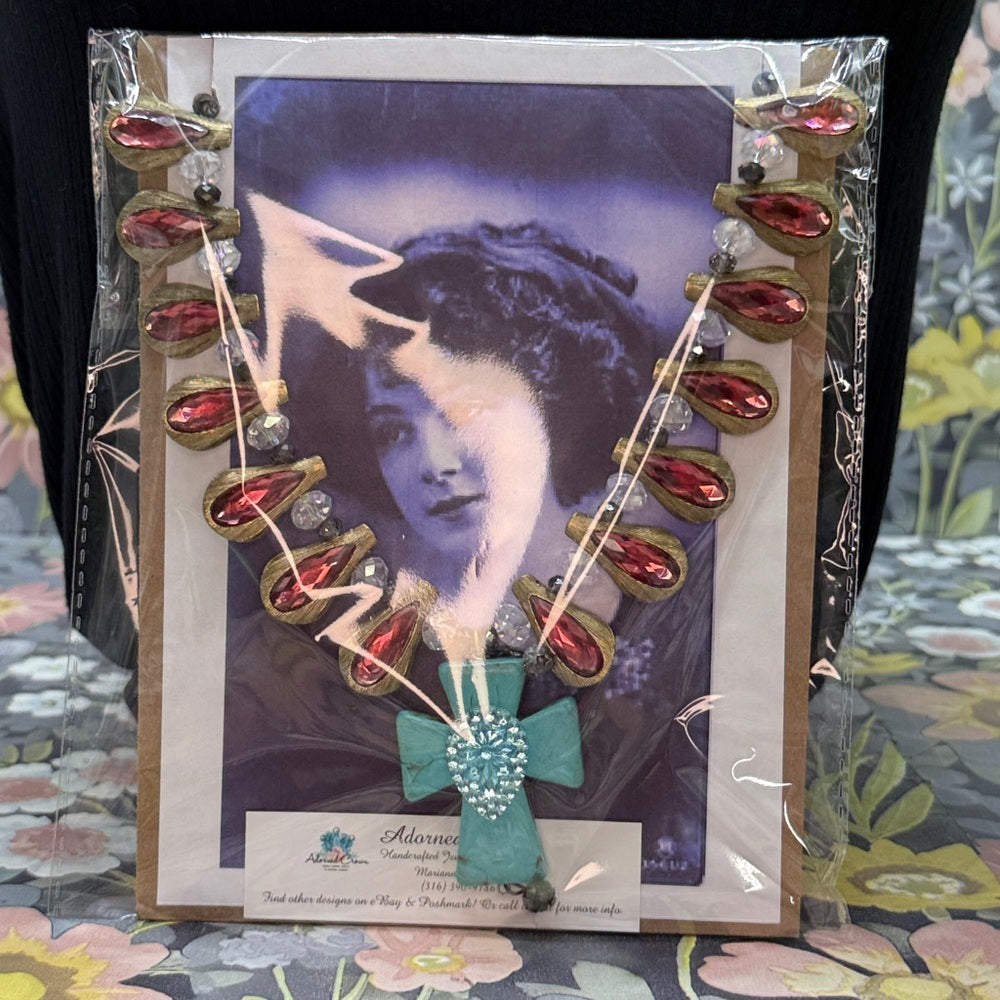 Adorned Crown Jewelry assemblage pink rhinestone teal cross necklace