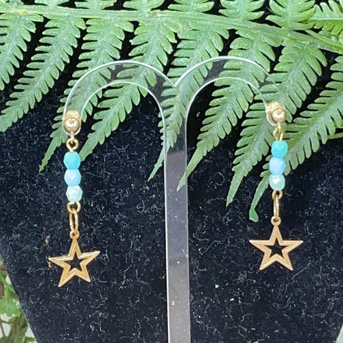 Adorned Crown artisan assemblage gold star blue green bead post earrings