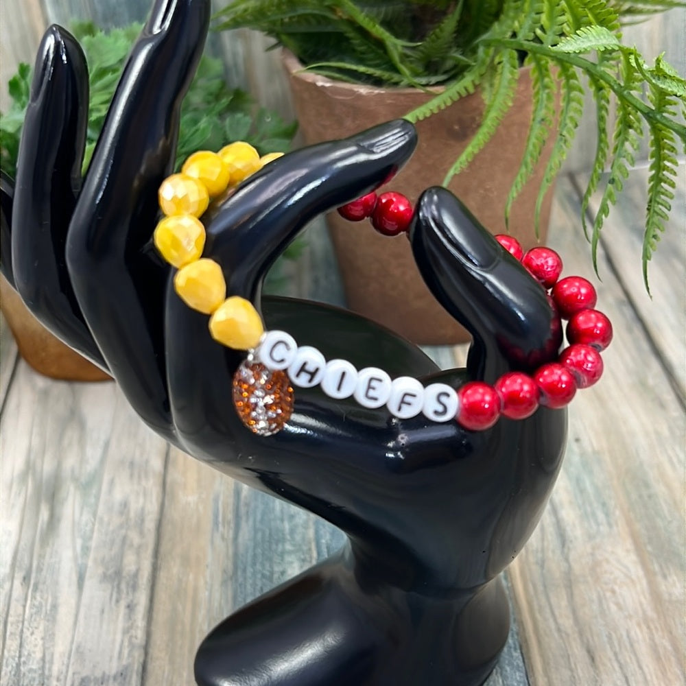 Adorned Crown Kansas City Chiefs KC football red gold stretch bracelet set E