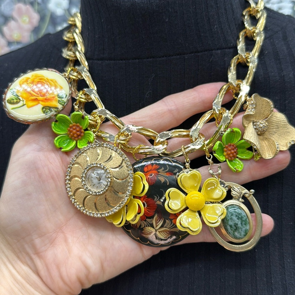 Adorned Crown Jewelry assemblage chunky charm yellow green flower necklace