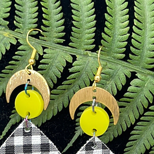 Adorned Crown Artisan Assemblage faux leather yellow acrylic moon earrings
