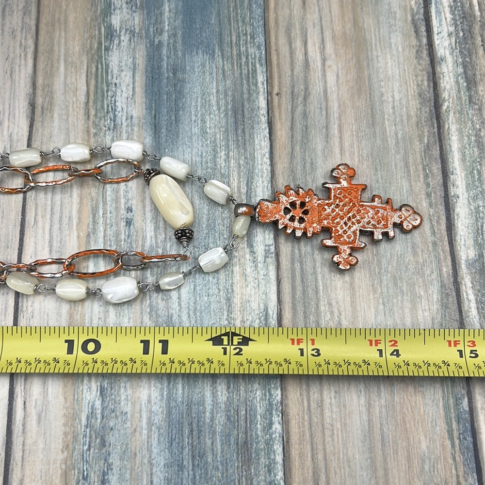 Adorned Crown necklace orange tribal cross mother of Pearl beads assemblage