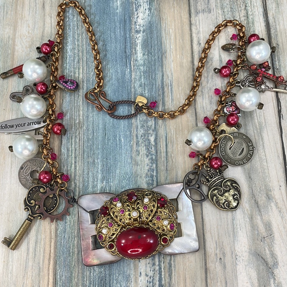Adorned Crown Artisan assemblage heart cross charm necklace love is the key