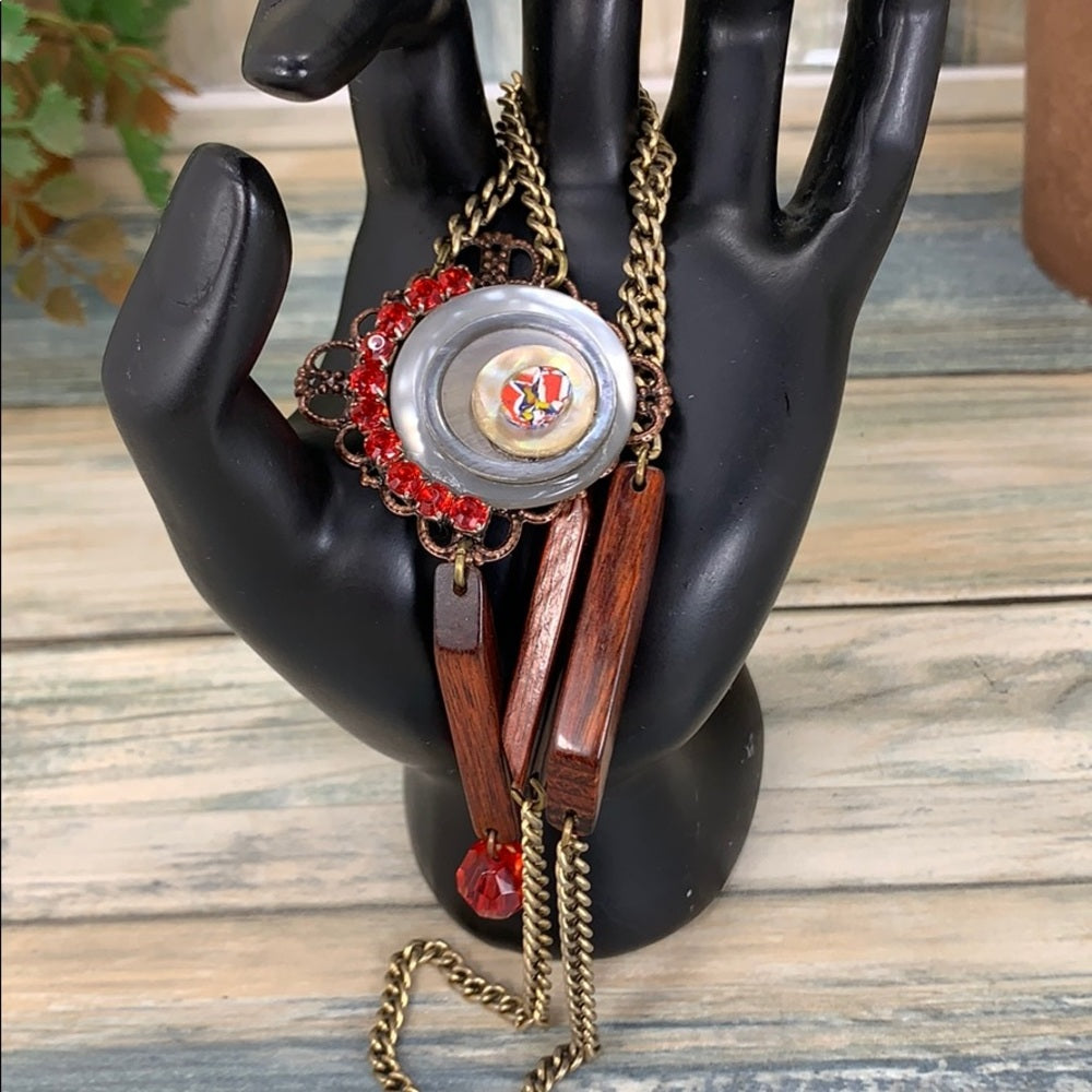 Adorned Crown artisan assemblage wood bead button rhinestone necklace