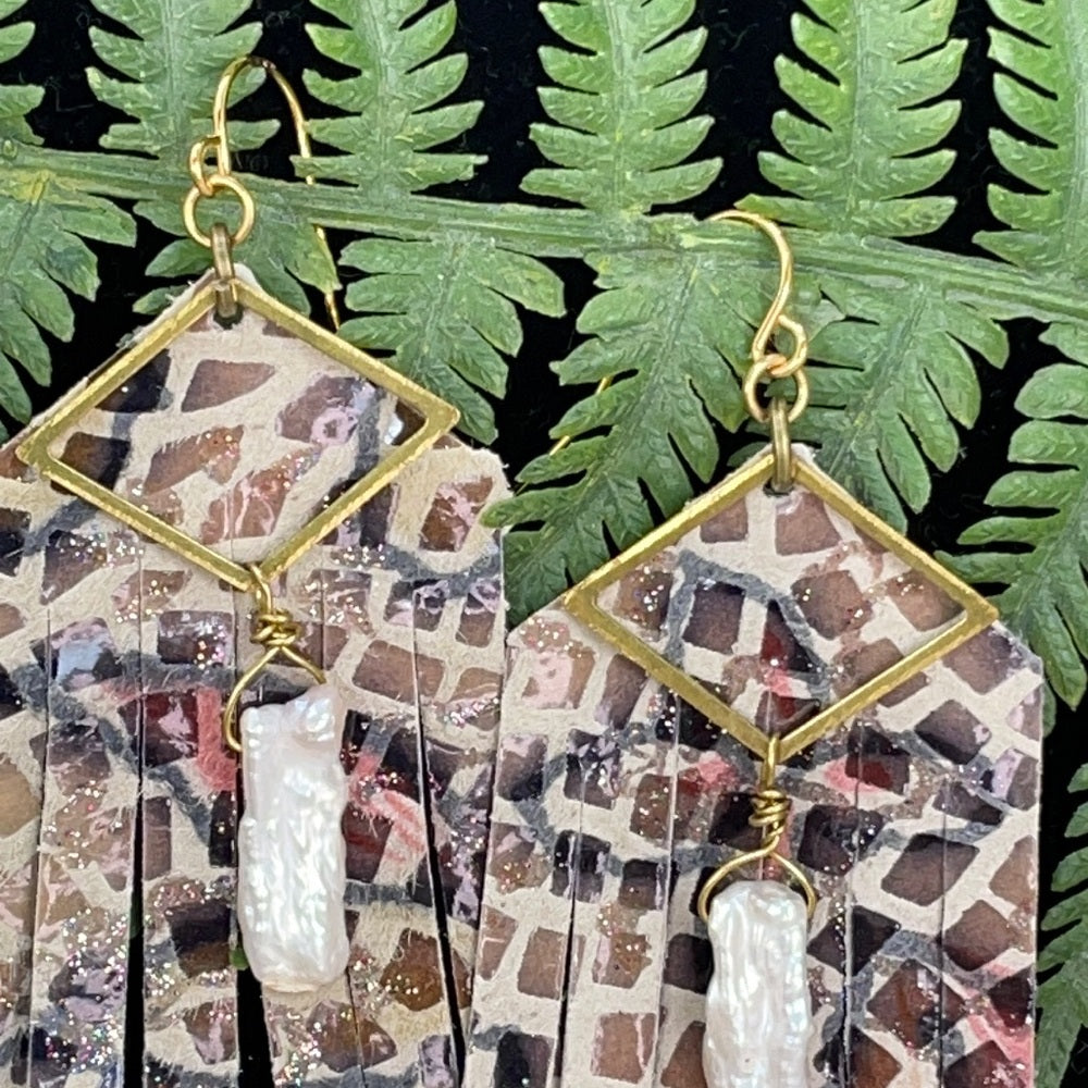 Adorned Crown brass leather animal print fringe pearl drop earrings