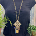 Adorned Crown necklace long boho vintage key red blue rhinestone assemblage