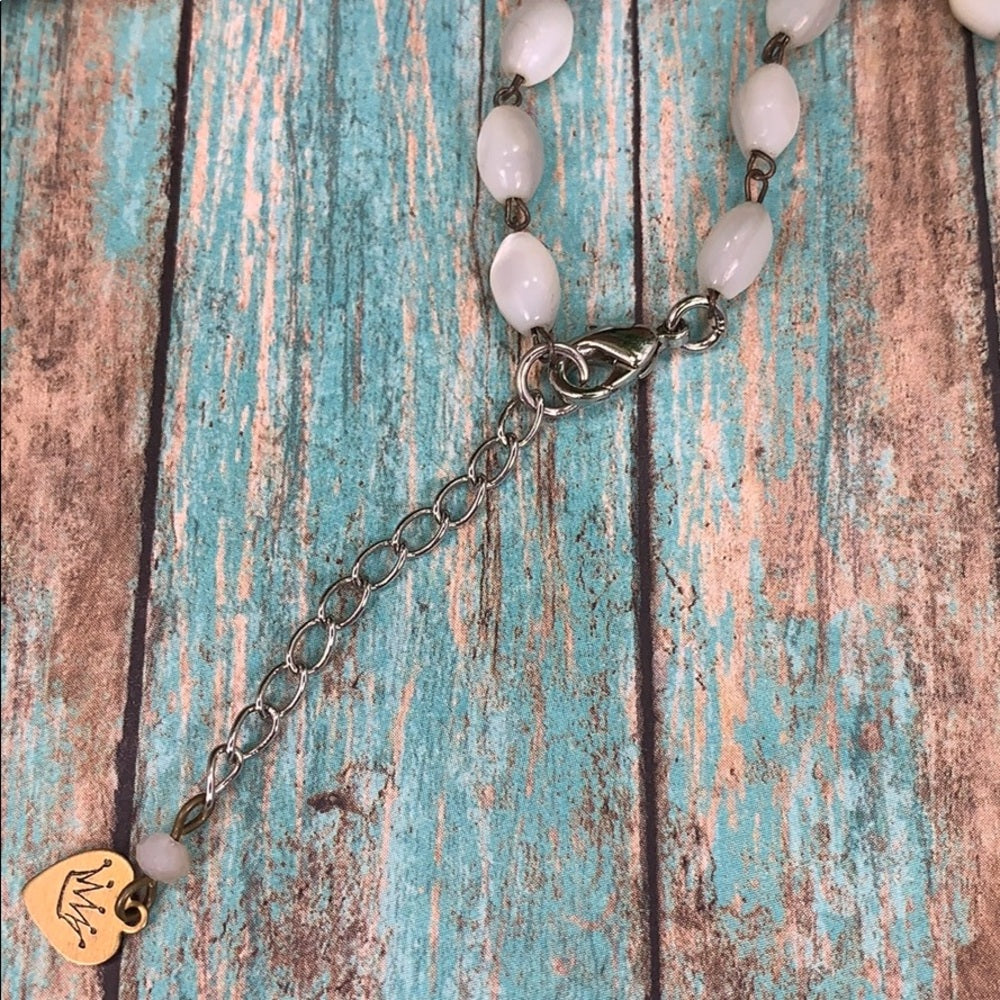 Adorned Crown artisan assemblage blue painted flower rosary bead necklace