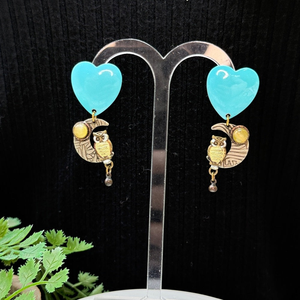Adorned Crown Jewelry assemblage teal heart enamel owl moon drop post earrings