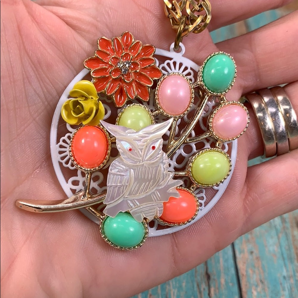 Adorned Crown artisan assemblage flower owl cluster assemblage necklace