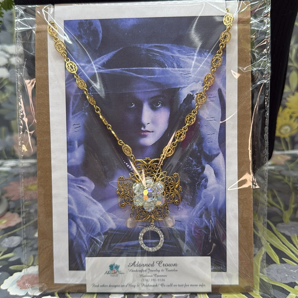 Adorned Crown Jewelry filigree oval link rhinestone pendant necklace