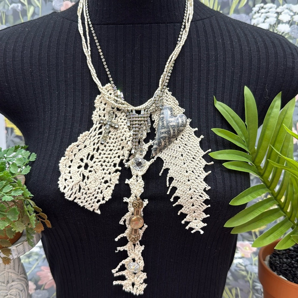 Adorned Crown Jewelry assemblage tattered lace and rhinestone necklace