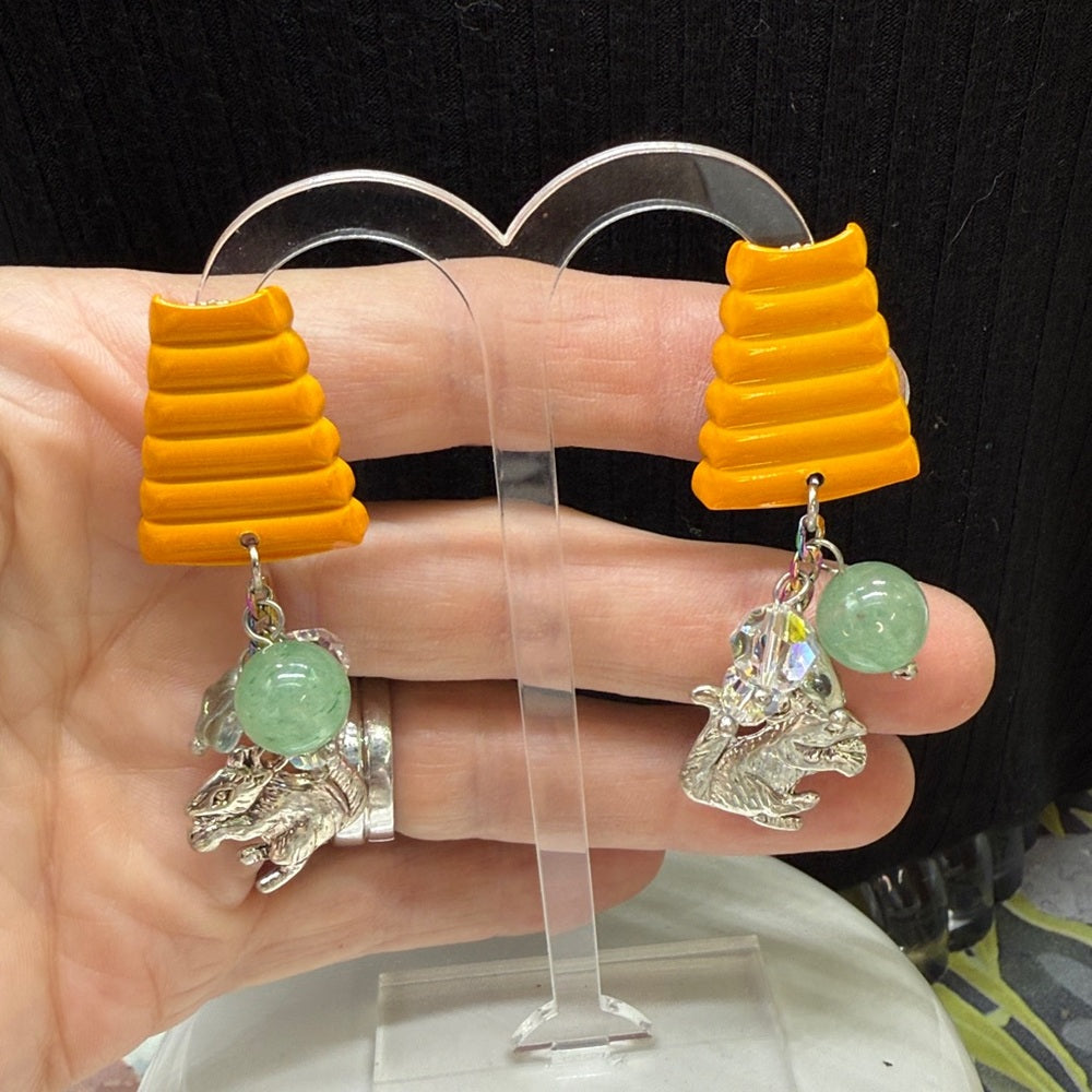 Adorned Crown Jewelry assemblage green jade squirrel enamel post earrings
