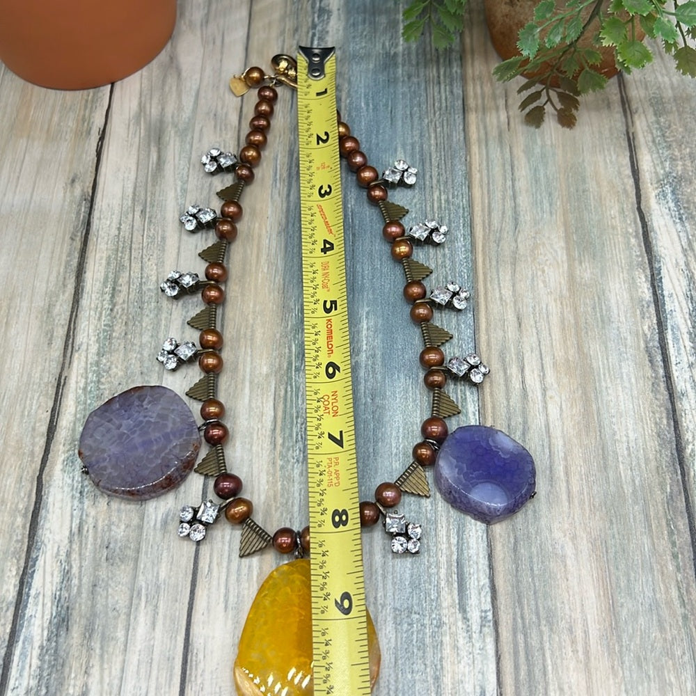 Adorned Crown Jewelry assemblage pearl agate slice crystal spike necklace