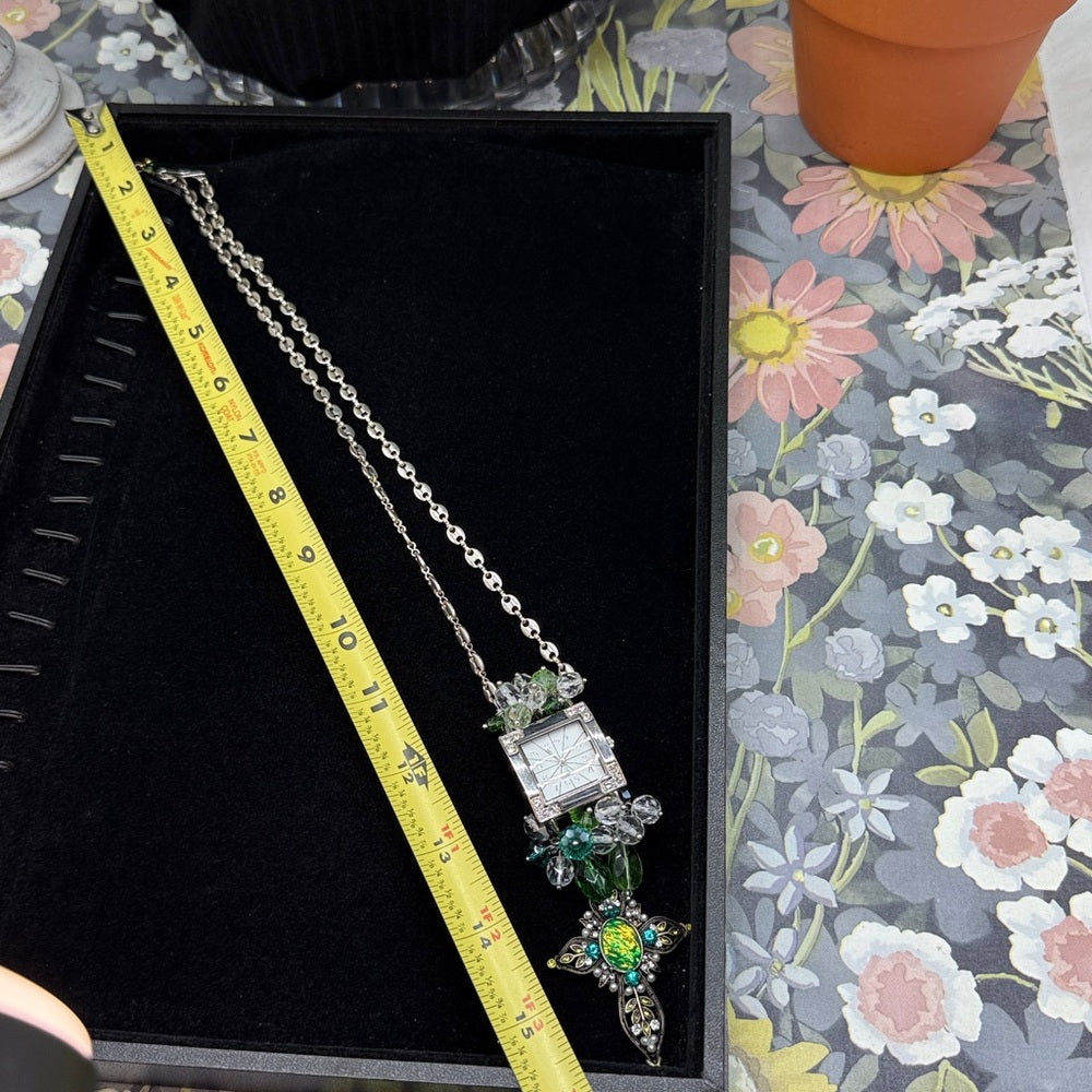 Adorned Crown Jewelry assemblage crystal glass bead watch cross green necklace