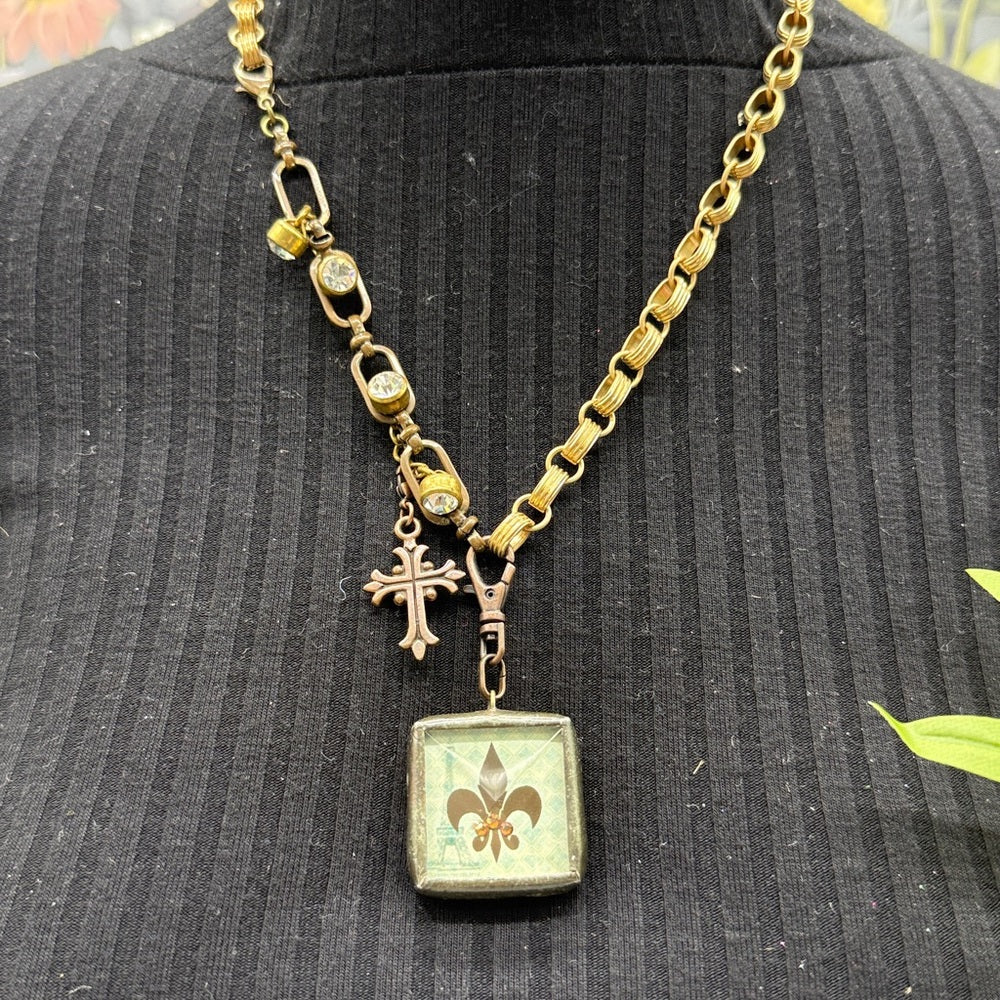 Adorned Crown Jewelry assemblage bezel red crown mix metal dual side necklace