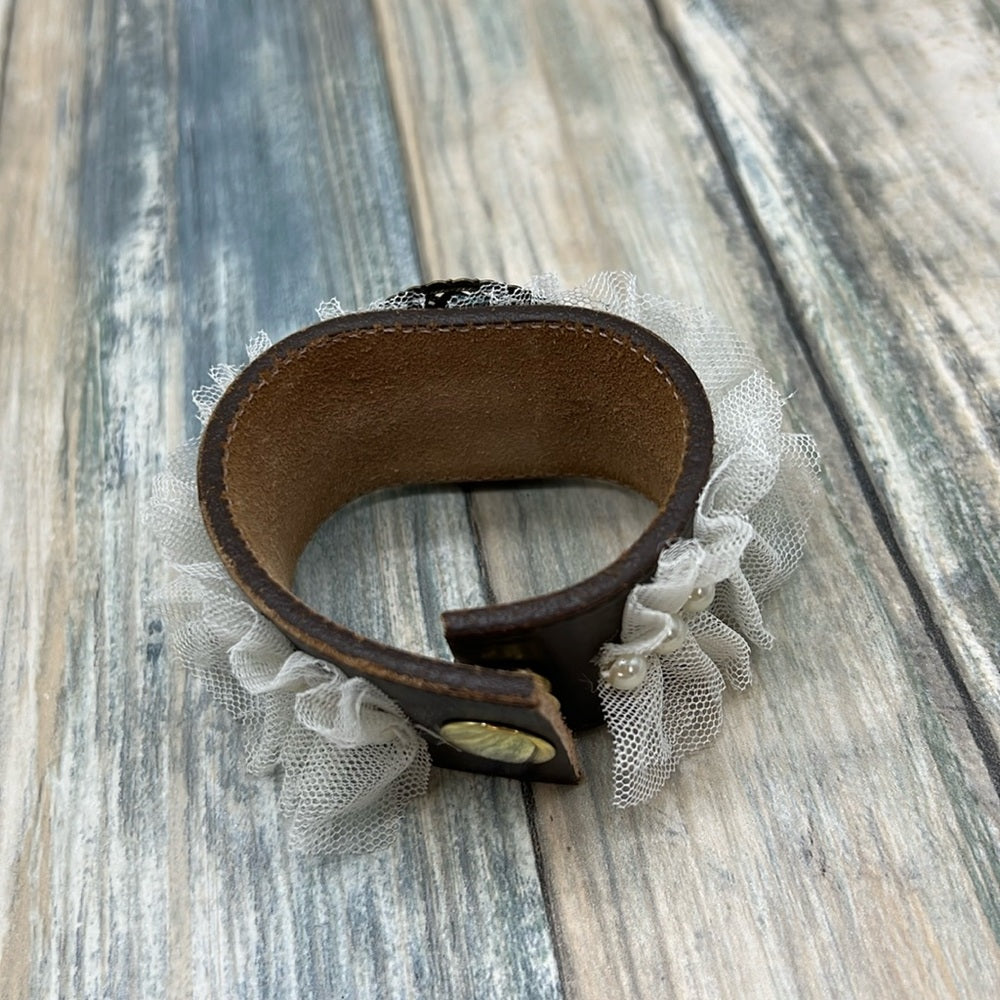 Adorned Crown Jewelry artisan assemblage leather lace lady heart cuff #3