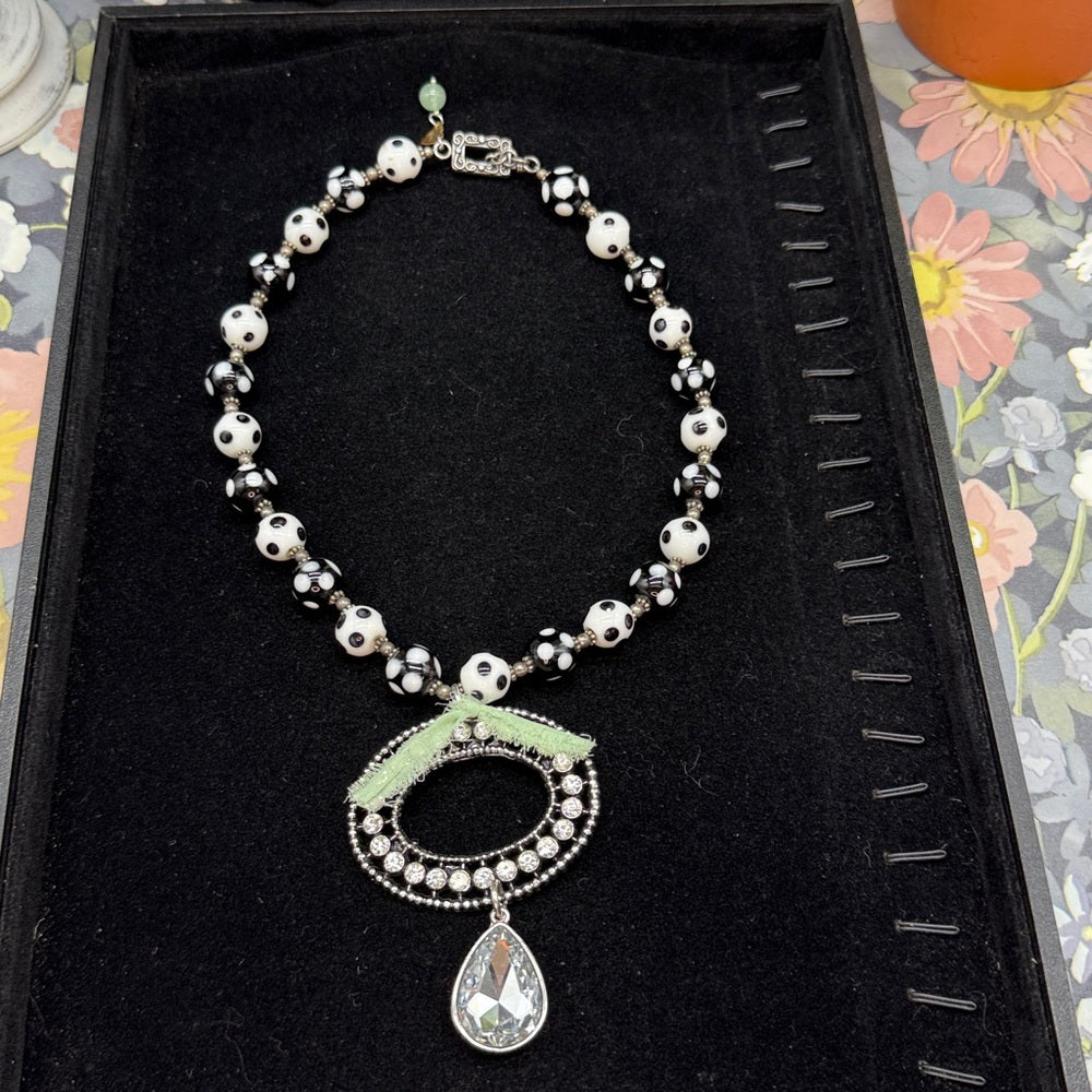 Adorned Crown Jewelry assemblage bead rhinestone pendant green ribbon necklace