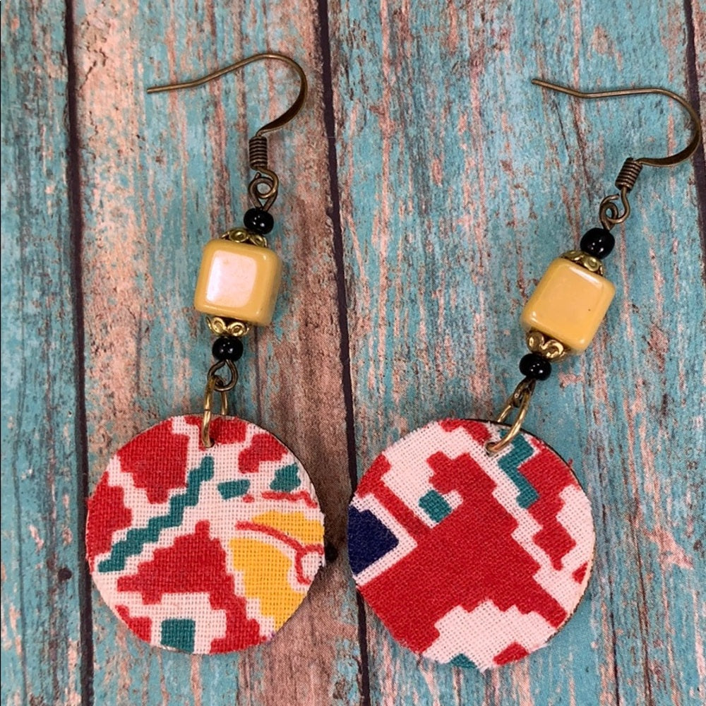 Adorned Crown vintage fabric wood disc lightweight earrings red yellow