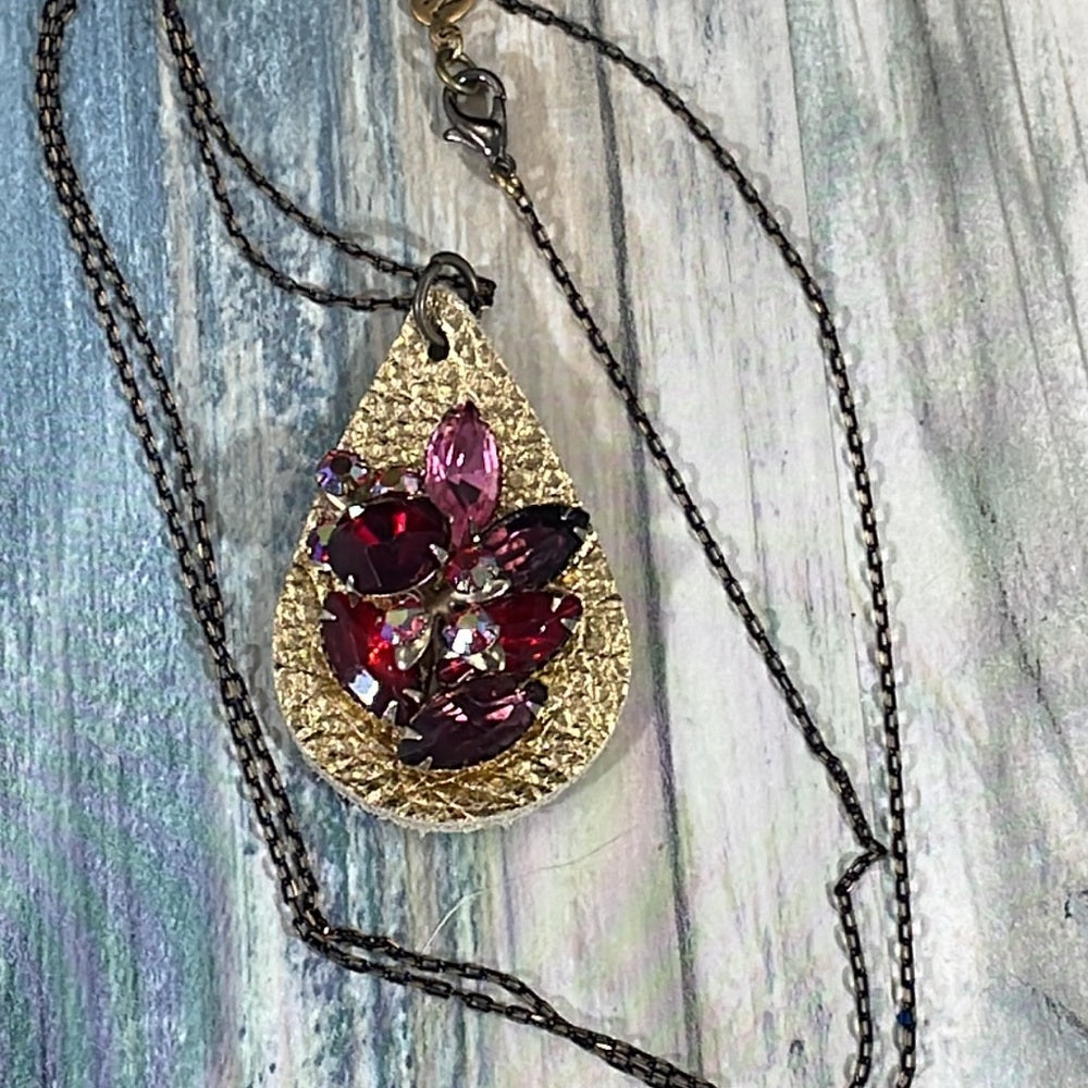 Adorned Crown Artisan assemblage leather drop rhinestone chain necklace