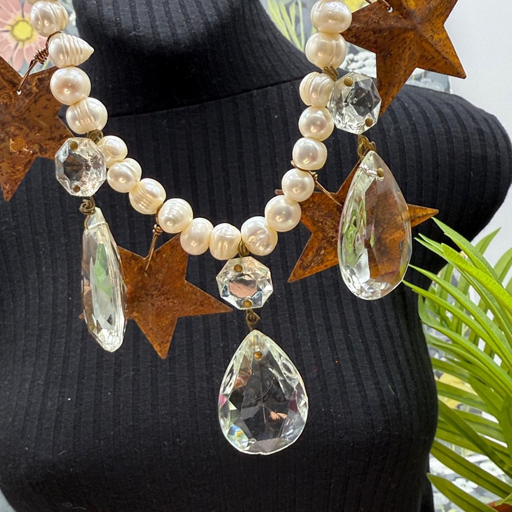 Adorned Crown Jewelry assemblage Christmas rusty Star crystal necklace