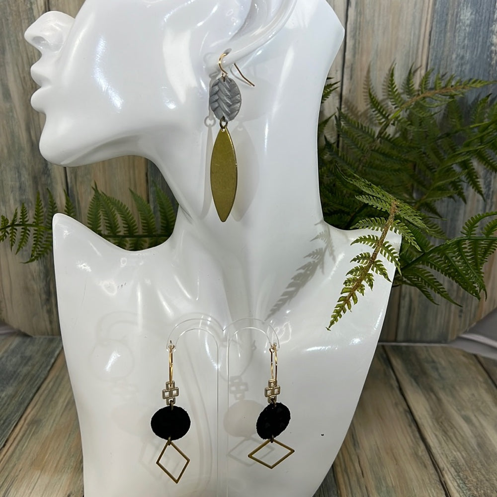 2 pair Adorned Crown Artisan Assemblage leather gray gold charm earrings