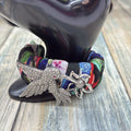 Adorned Crown Jewelry assemblage Hummingbird Multicolor Fabric cuff bracelet