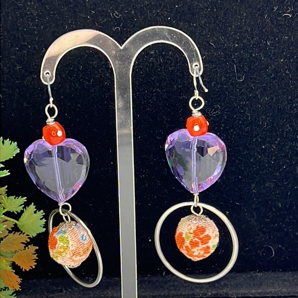 Adorned Crown Jewelry purple glass heart fabric bead earrings