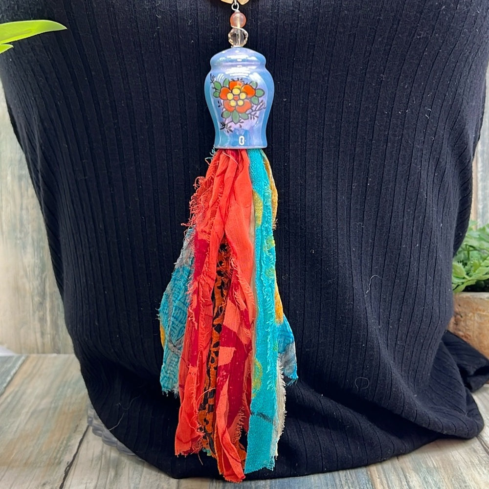 Adorned Crown Jewelry assemblage ceramic shaker tassel stone bead necklace