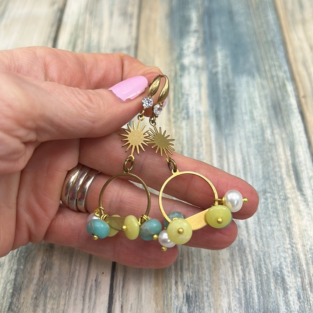 Adorned Crown Artisan Assemblage earrings lemon & imperial jade Pearl burst