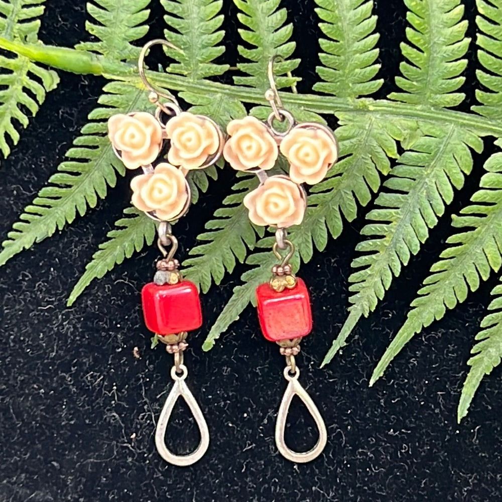 Adorned Crown Artisan Assemblage peach flower red cube bead earrings