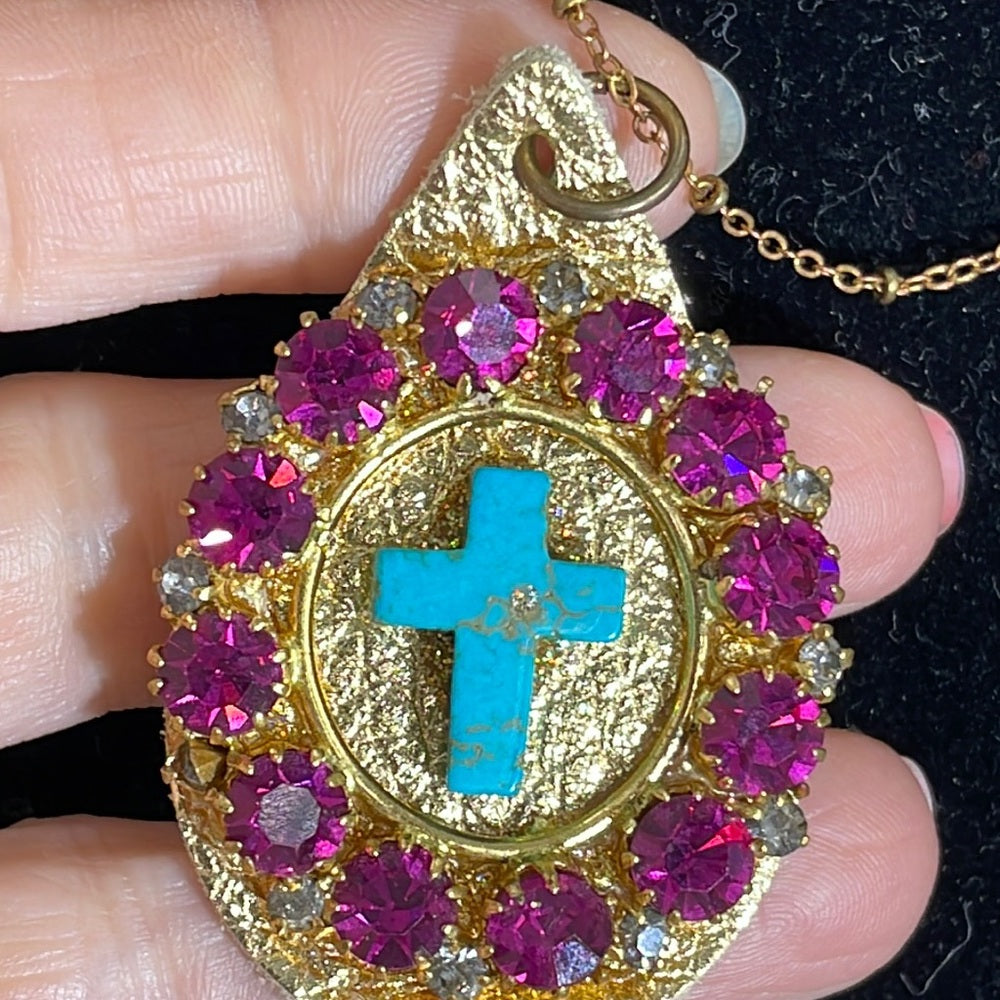 Adorned Crown Artisan assemblage leather rhinestone turquoise chain necklace