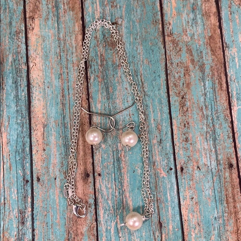 Adorned Crown glass pearl bead heart sterling set 3 earrings & necklace
