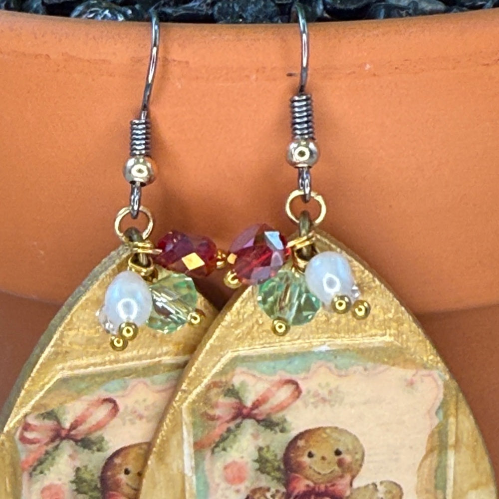 Adorned Crown Jewelry assemblage Victorian gingerbread man Christmas earrings