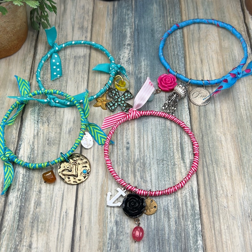 Adorned Crown Jewelry artisan assemblage ribbon charm bangles set of four