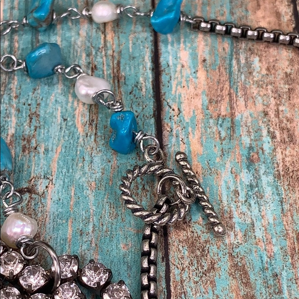 Adorned Crown artisan assemblage teal rhinestone cluster necklace