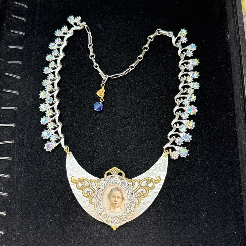 Adorned Crown Jewelry assemblage rhinestone filigree female image bib necklace
