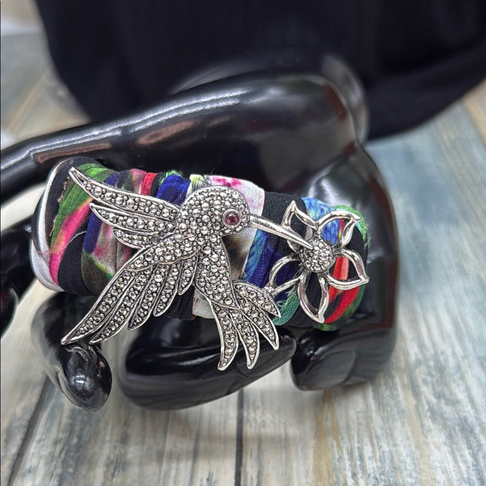Adorned Crown Jewelry assemblage Hummingbird Multicolor Fabric cuff bracelet