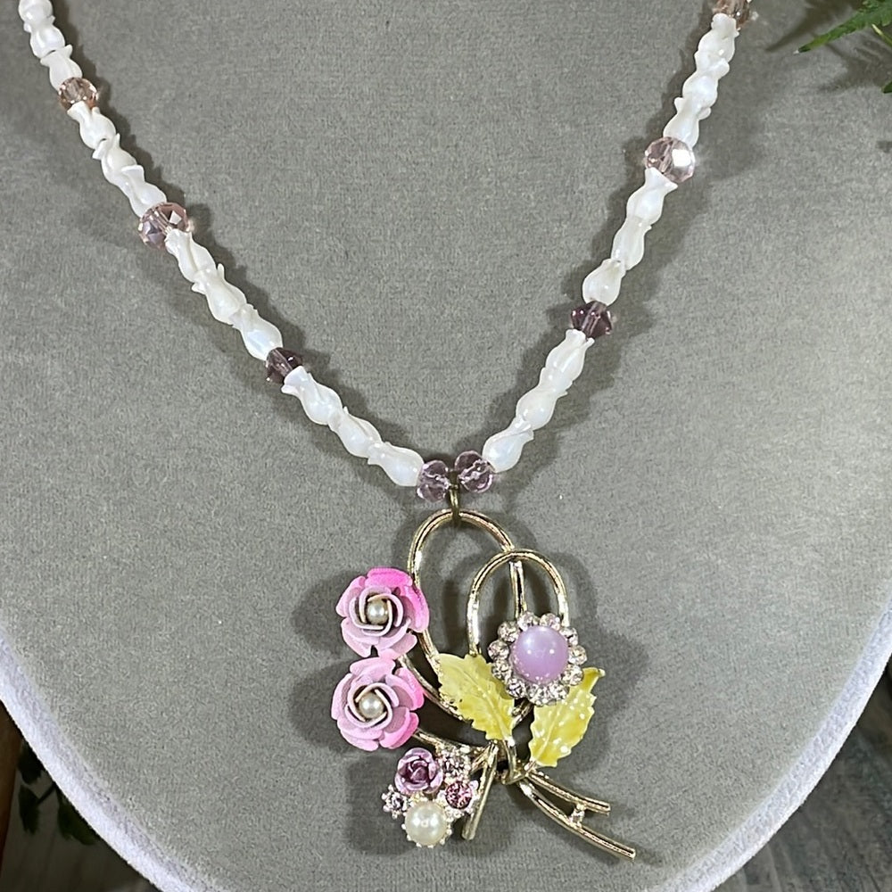Adorned Crown assemblage enamel flower mother of Pearl rose beads necklace